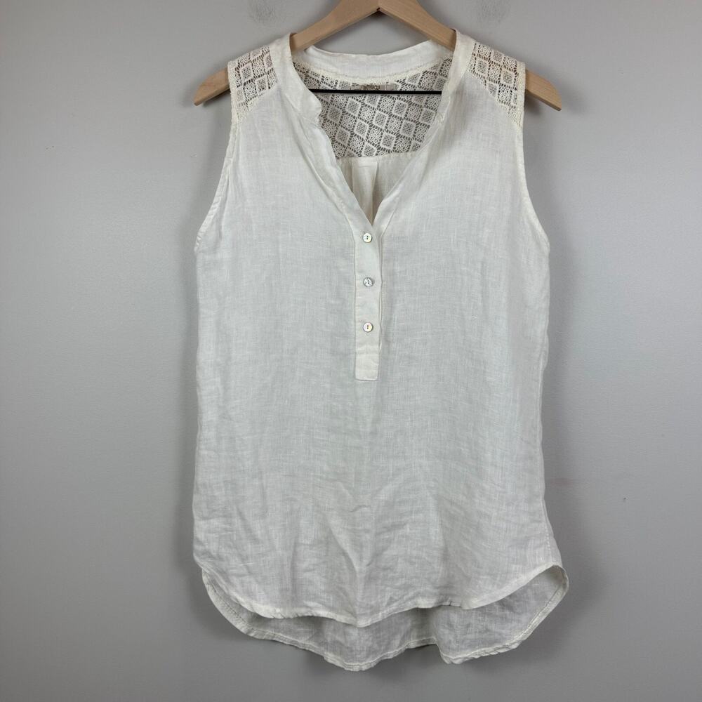 Laura Bianchi Linen Top Women's L White Crochet‎ Lace V-Neck Blouse Boho Beachy